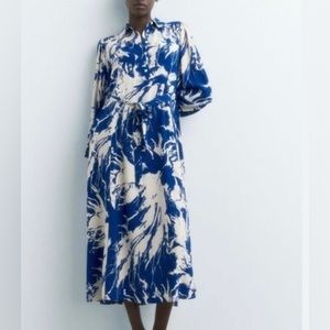 ZARA The Emilie Dress blue Printed Button Top Midi Dress